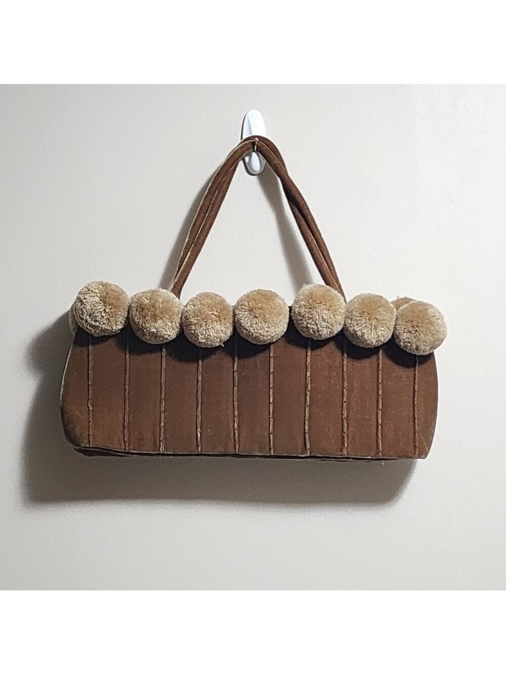 Vintage pompom embellished velvet Chocolate Brown shoulder bag